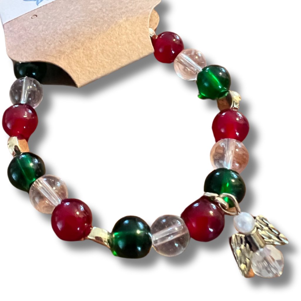 Holiday Red And Green Stretchy Bracelet With Gold Accents And Glass Angel Charm